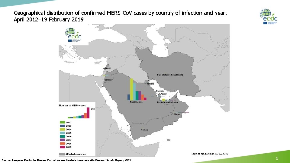 Geographical distribution of confirmed MERS-Co. V cases by country of infection and year, April