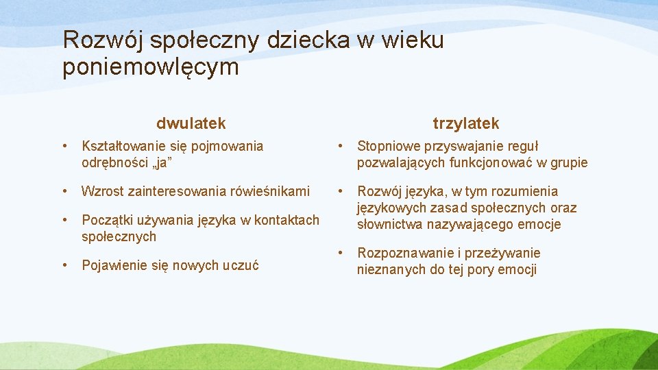 Rozwój społeczny dziecka w wieku poniemowlęcym dwulatek trzylatek • Kształtowanie się pojmowania odrębności „ja”