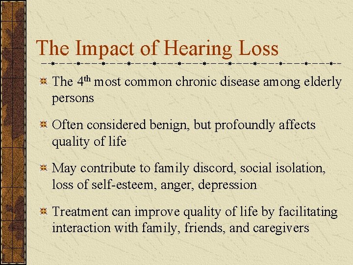 The Impact of Hearing Loss The 4 th most common chronic disease among elderly