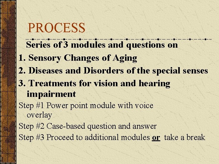 PROCESS Series of 3 modules and questions on 1. Sensory Changes of Aging 2.