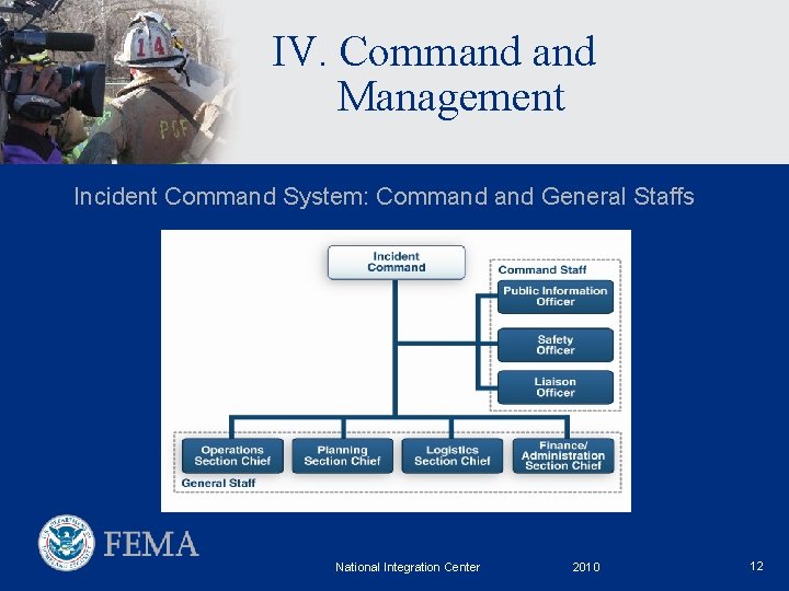 IV. Command Management Incident Command System: Command General Staffs National Integration Center 2010 12