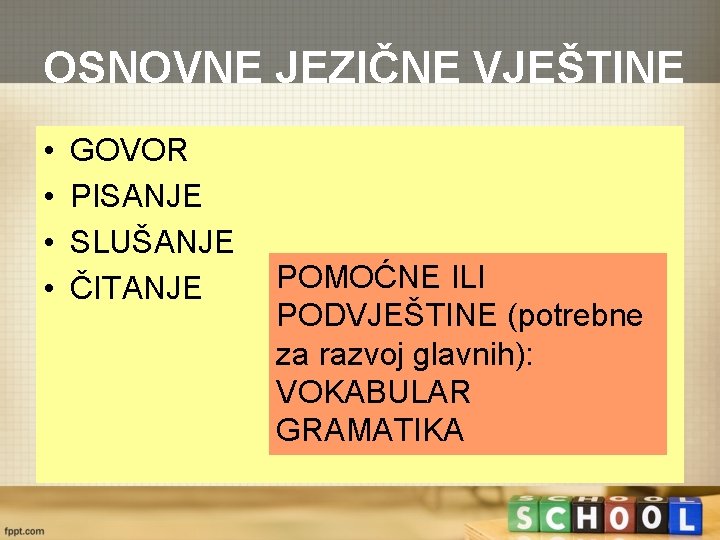 OSNOVNE JEZIČNE VJEŠTINE • • GOVOR PISANJE SLUŠANJE ČITANJE POMOĆNE ILI PODVJEŠTINE (potrebne za