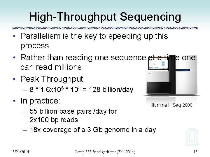 High-Throughput Sequencing • Parallelism is the key to speeding up this process • Rather