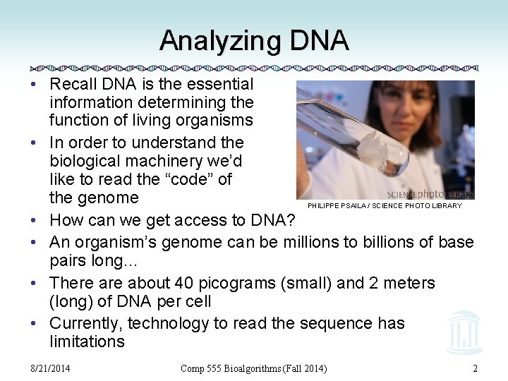 Analyzing DNA • Recall DNA is the essential information determining the function of living