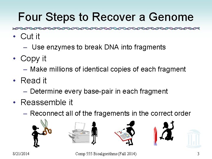 Four Steps to Recover a Genome • Cut it – Use enzymes to break