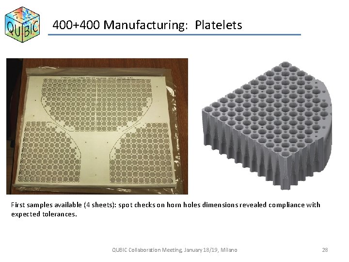 400+400 Manufacturing: Platelets First samples available (4 sheets): spot checks on horn holes dimensions