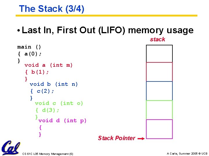 The Stack (3/4) • Last In, First Out (LIFO) memory usage stack main ()