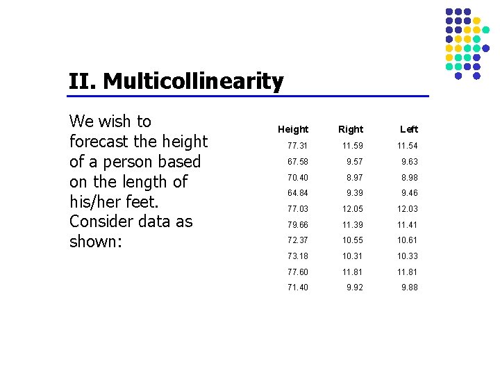 II. Multicollinearity We wish to forecast the height of a person based on the II. Multicollinearity We wish to forecast the height of a person based on the