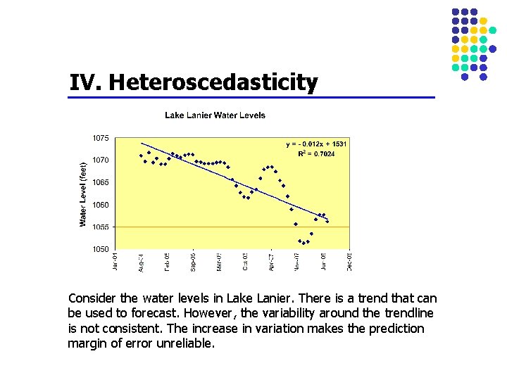 IV. Heteroscedasticity Consider the water levels in Lake Lanier. There is a trend that IV. Heteroscedasticity Consider the water levels in Lake Lanier. There is a trend that