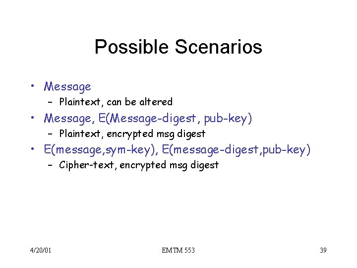 Possible Scenarios • Message – Plaintext, can be altered • Message, E(Message-digest, pub-key) –