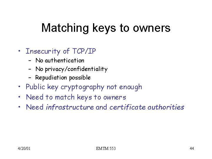 Matching keys to owners • Insecurity of TCP/IP – No authentication – No privacy/confidentiality