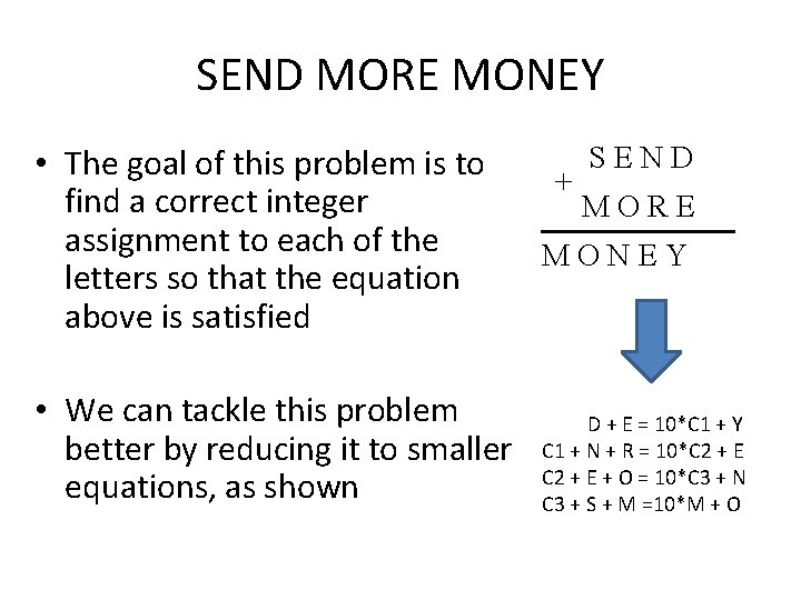 SEND MORE MONEY • The goal of this problem is to find a correct