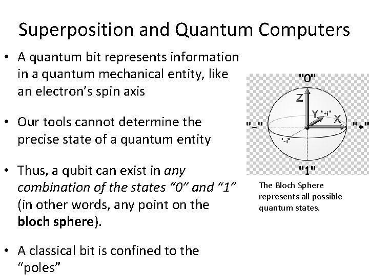 Superposition and Quantum Computers • A quantum bit represents information in a quantum mechanical