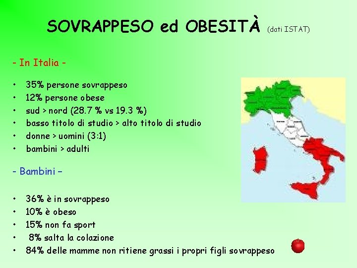 SOVRAPPESO ed OBESITÀ (dati ISTAT) - In Italia • • • 35% persone sovrappeso