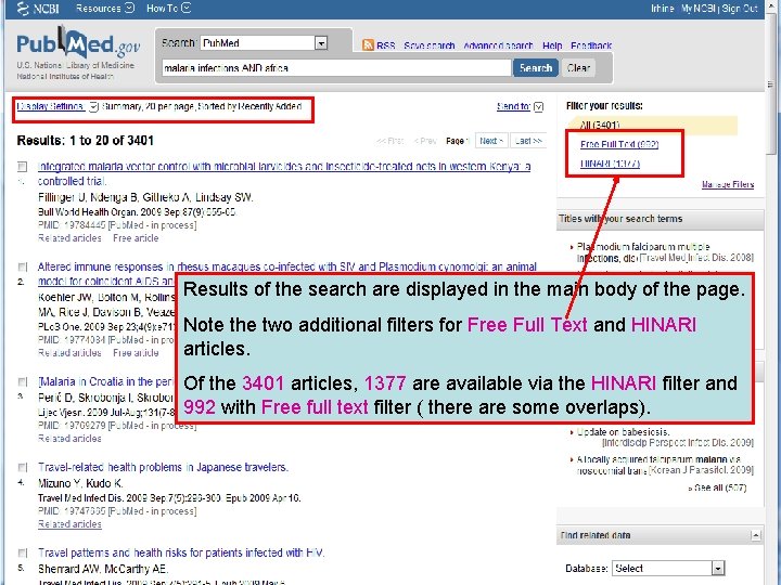 Results of the search are displayed in the main body of the page. Note