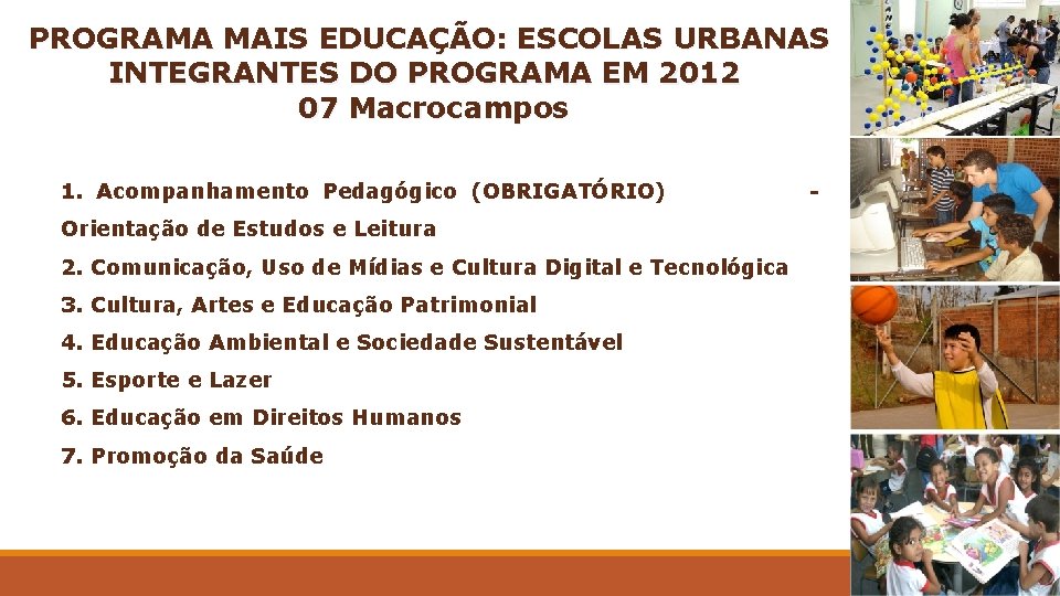 PROGRAMA MAIS EDUCAÇÃO: ESCOLAS URBANAS INTEGRANTES DO PROGRAMA EM 2012 07 Macrocampos 1. Acompanhamento