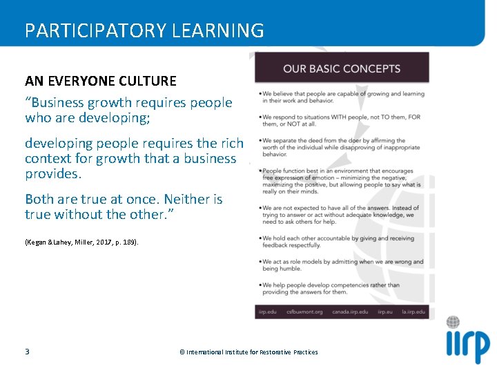 PARTICIPATORY LEARNING AN EVERYONE CULTURE “Business growth requires people who are developing; developing people