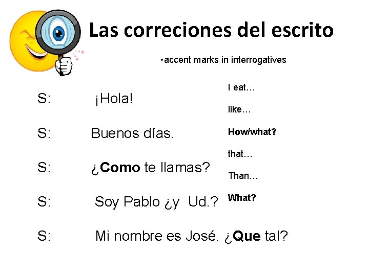 Las correciones del escrito • accent marks in interrogatives S: ¡Hola! S: Buenos días.