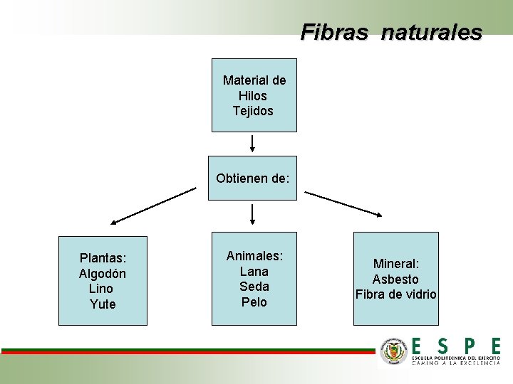 Fibras naturales Material de Hilos Tejidos Obtienen de: Plantas: Algodón Lino Yute Animales: Lana