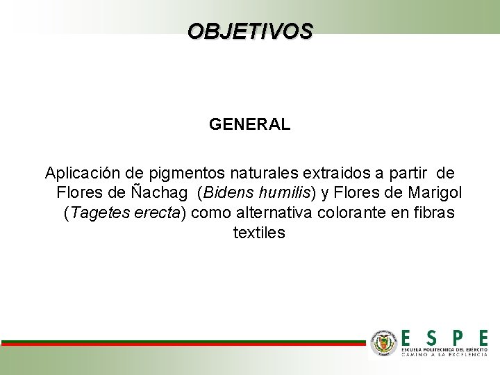 OBJETIVOS GENERAL Aplicación de pigmentos naturales extraidos a partir de Flores de Ñachag (Bidens