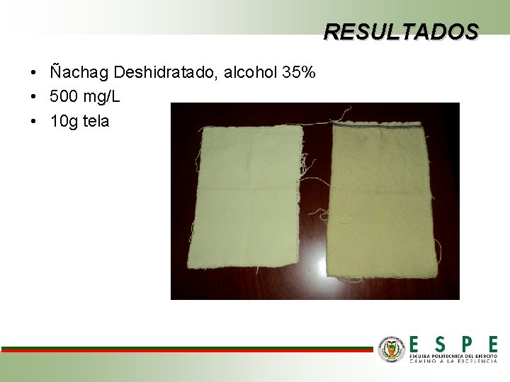 RESULTADOS • Ñachag Deshidratado, alcohol 35% • 500 mg/L • 10 g tela 