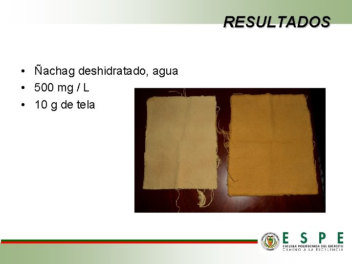 RESULTADOS • Ñachag deshidratado, agua • 500 mg / L • 10 g de