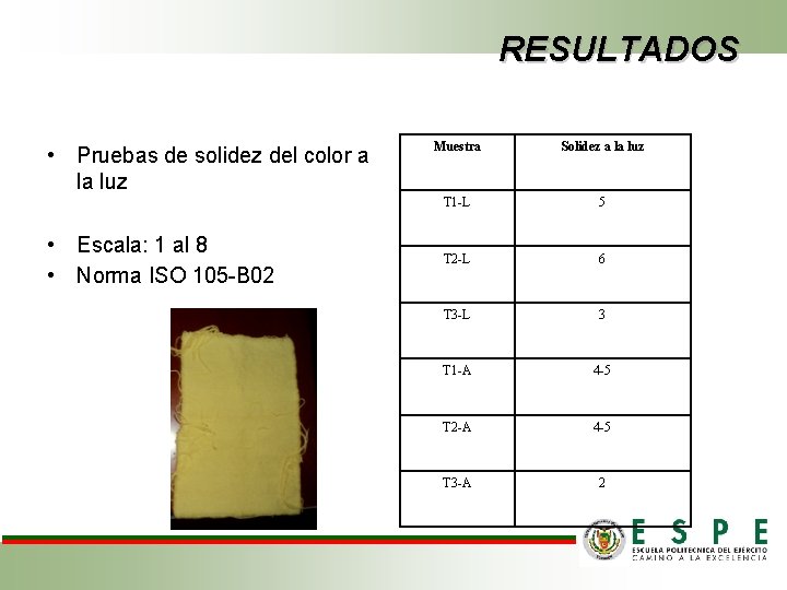 RESULTADOS • Pruebas de solidez del color a la luz • Escala: 1 al