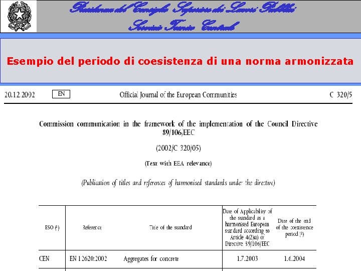 Presidenza del Consiglio Superiore dei Lavori Pubblici Servizio Tecnico Centrale Esempio del periodo di