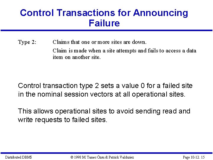 Control Transactions for Announcing Failure Type 2: Claims that one or more sites are Control Transactions for Announcing Failure Type 2: Claims that one or more sites are