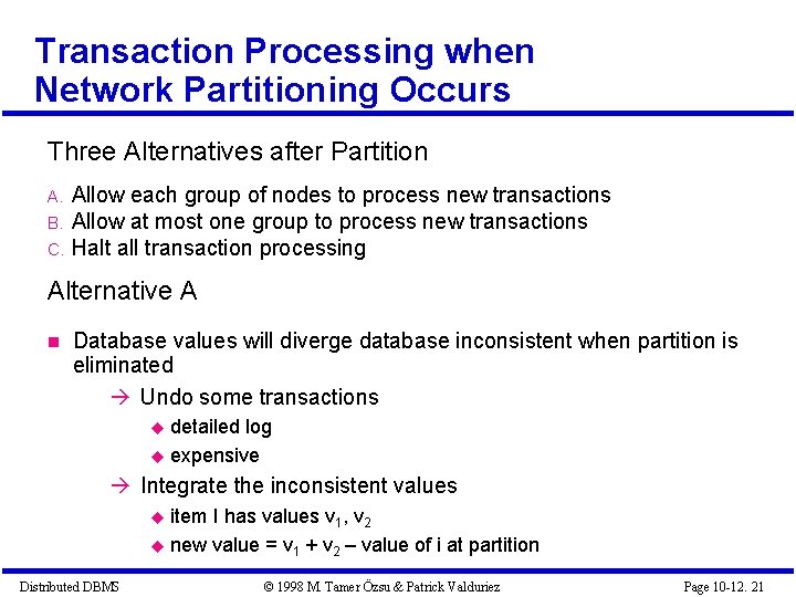 Transaction Processing when Network Partitioning Occurs Three Alternatives after Partition A. B. C. Allow Transaction Processing when Network Partitioning Occurs Three Alternatives after Partition A. B. C. Allow