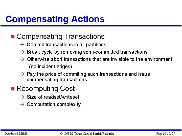 Compensating Actions Compensating Transactions Commit transactions in all partitions Break cycle by removing semi-committed Compensating Actions Compensating Transactions Commit transactions in all partitions Break cycle by removing semi-committed