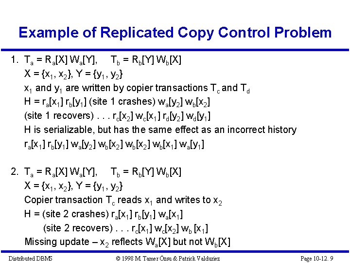Example of Replicated Copy Control Problem 1. Ta = Ra[X] Wa[Y], Tb = Rb[Y]