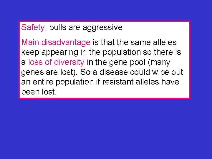 Safety: bulls are aggressive Main disadvantage is that the same alleles keep appearing in