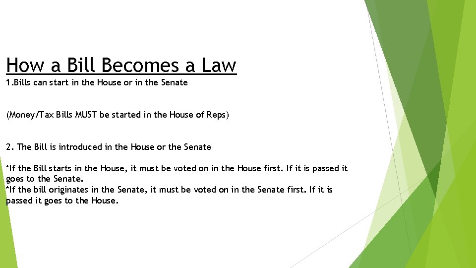 How a Bill Becomes a Law 1. Bills can start in the House or