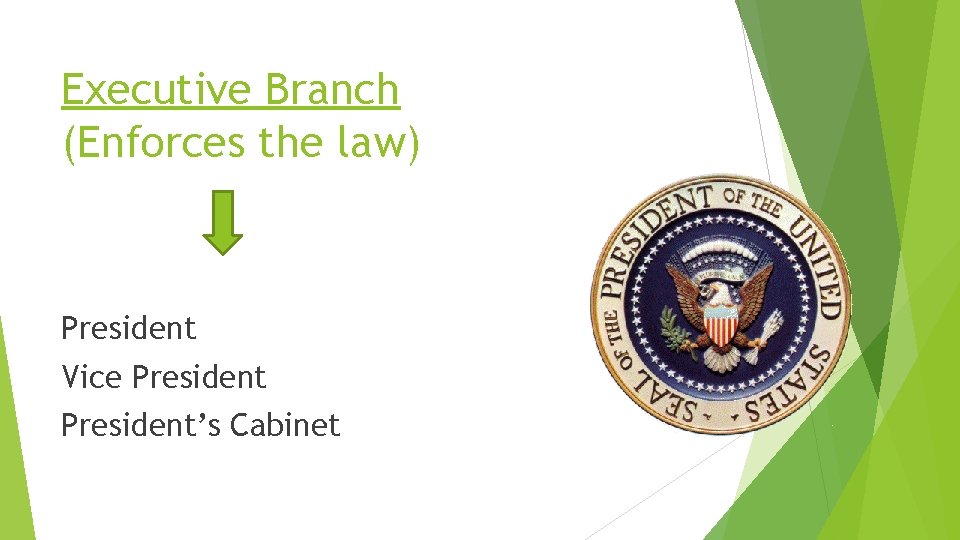 Executive Branch (Enforces the law) President Vice President’s Cabinet 