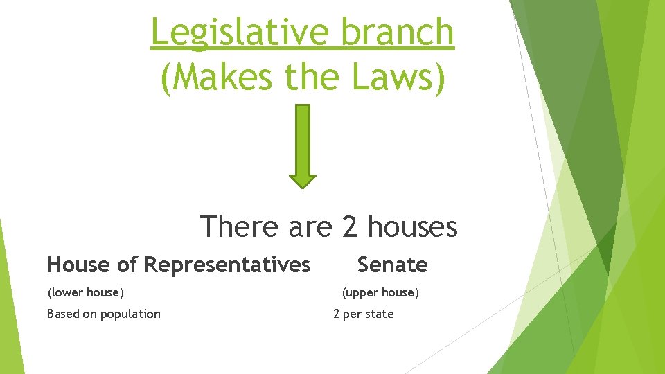 Legislative branch (Makes the Laws) There are 2 houses House of Representatives (lower house)