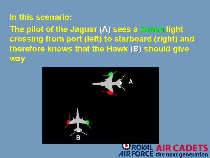 In this scenario: The pilot of the Jaguar (A) sees a Green light crossing