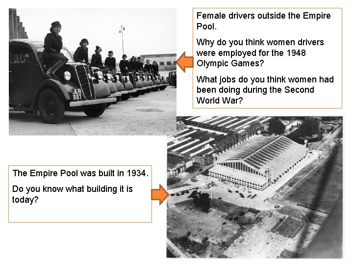 Female drivers outside the Empire Pool. Why do you think women drivers were employed