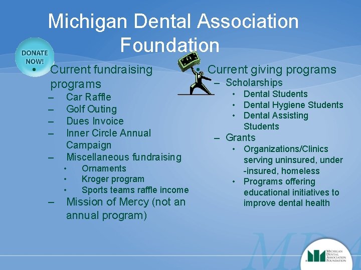 Michigan Dental Association Foundation • Current fundraising programs – – – Car Raffle Golf
