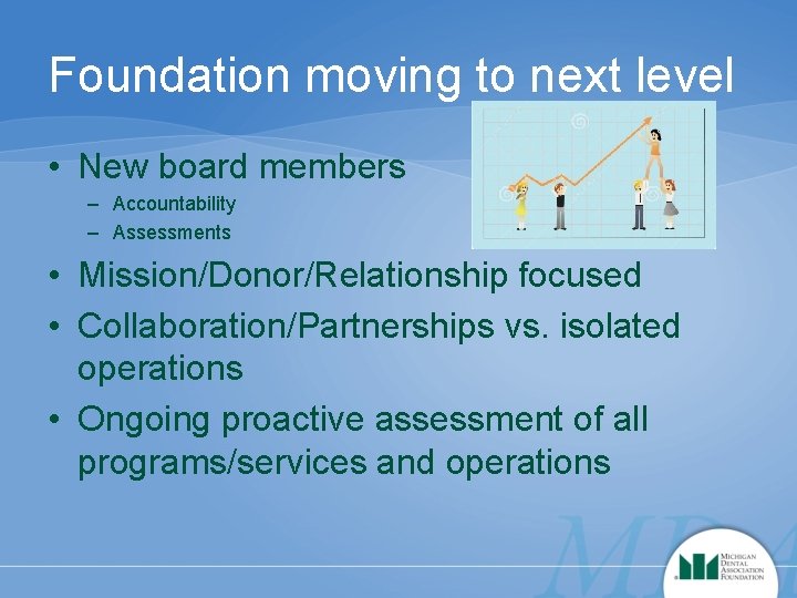 Foundation moving to next level • New board members – Accountability – Assessments •