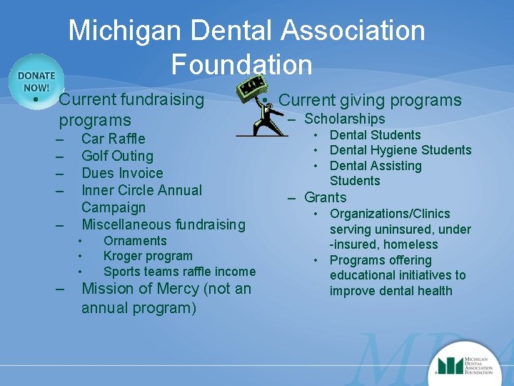 Michigan Dental Association Foundation • Current fundraising programs – – – Car Raffle Golf