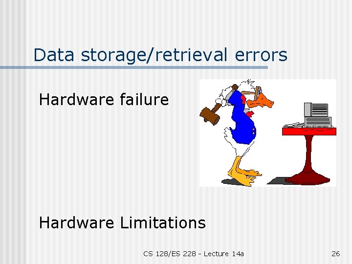 Data storage/retrieval errors Hardware failure Hardware Limitations CS 128/ES 228 - Lecture 14 a