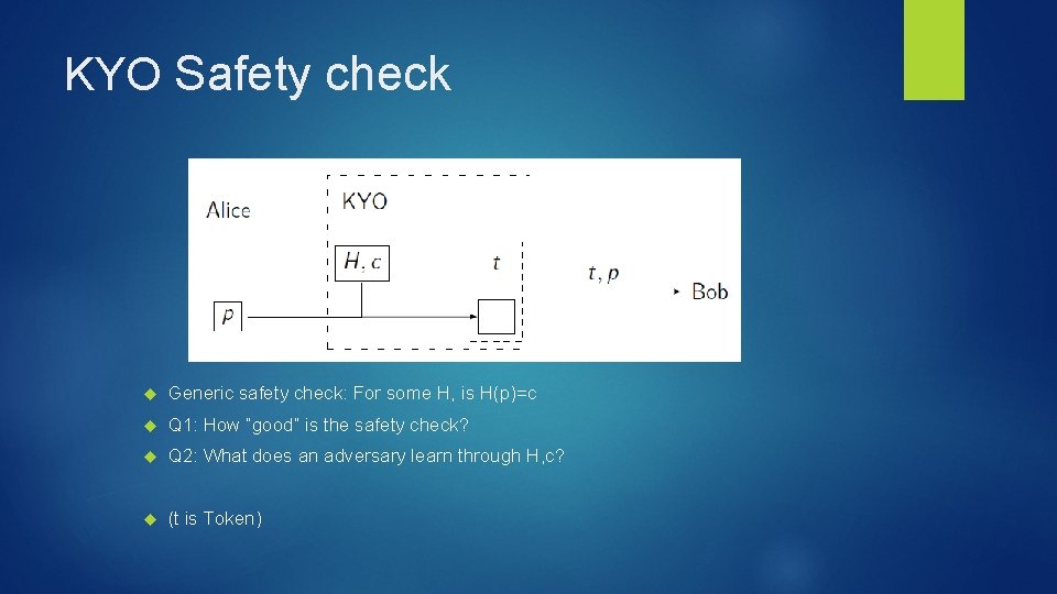 KYO Safety check Generic safety check: For some H, is H(p)=c Q 1: How