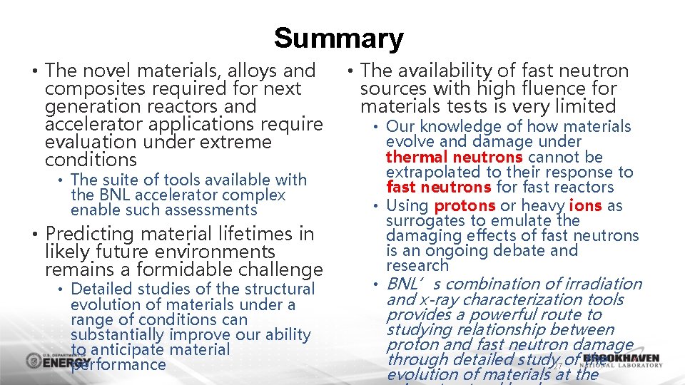 Summary • The novel materials, alloys and composites required for next generation reactors and
