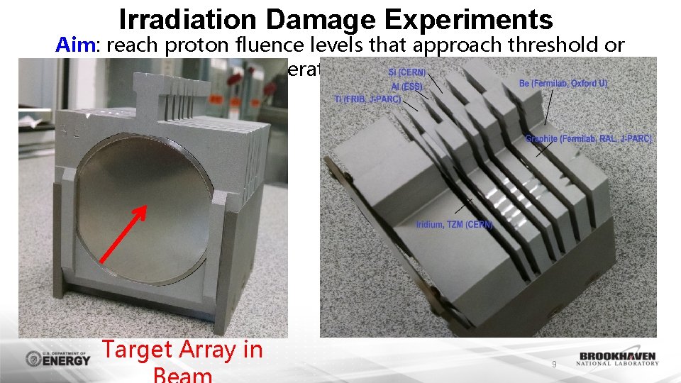 Irradiation Damage Experiments Aim: reach proton fluence levels that approach threshold or operational goal