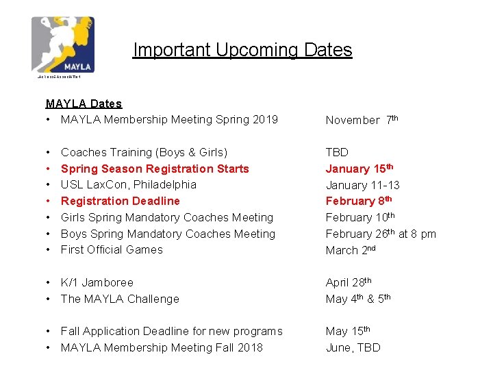 Important Upcoming Dates LACROSSE ASSOCIATION MAYLA Dates • MAYLA Membership Meeting Spring 2019 November