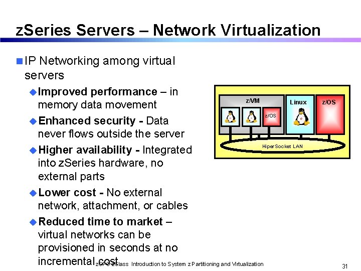 z. Series Servers – Network Virtualization n IP Networking among virtual servers u Improved