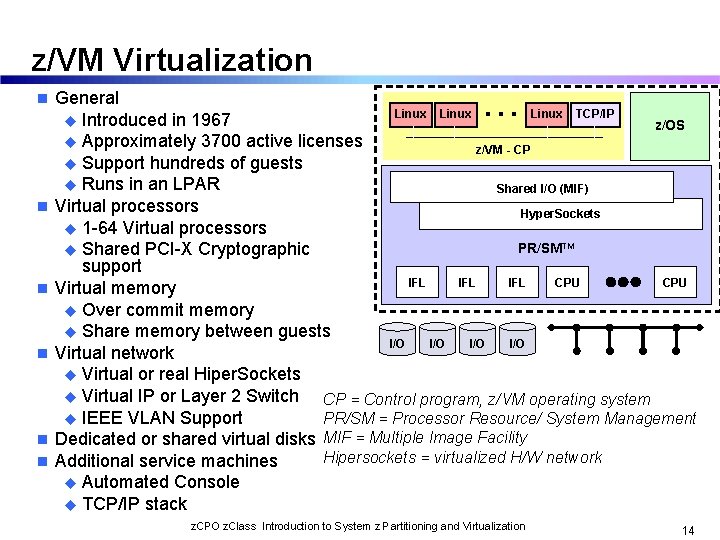 z/VM Virtualization n n n … General Linux TCP/IP u Introduced in 1967 z/OS