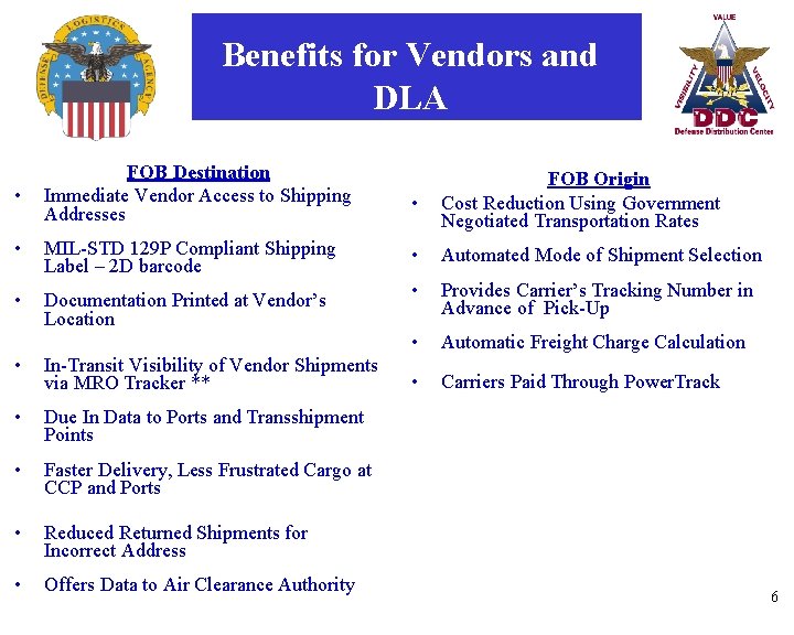 Benefits for Vendors and DLA • FOB Destination Immediate Vendor Access to Shipping Addresses
