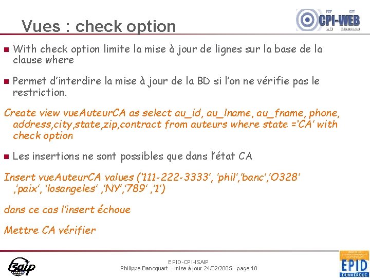 Vues : check option n n With check option limite la mise à jour